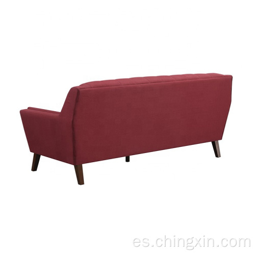 Sala de estar Sofá de ocio de tela roja de tres asientos con patas de madera maciza